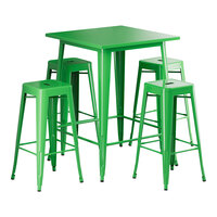 Lancaster Table & Seating Alloy Series 31 1/2" x 31 1/2" Jade Green Bar Height Outdoor Table with 4 Backless Barstools