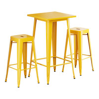 Lancaster Table & Seating Alloy Series 23 1/2" x 23 1/2" Citrine Yellow Bar Height Outdoor Table with 2 Backless Barstools