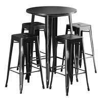 Lancaster Table & Seating Alloy Series 30" Round Distressed Onyx Black Bar Height Outdoor Table with 4 Backless Barstools