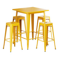 Lancaster Table & Seating Alloy Series 31 1/2" x 31 1/2" Citrine Yellow Bar Height Outdoor Table with 4 Backless Barstools