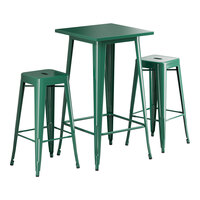 Lancaster Table & Seating Alloy Series 23 1/2" x 23 1/2" Emerald Green Bar Height Outdoor Table with 2 Backless Barstools