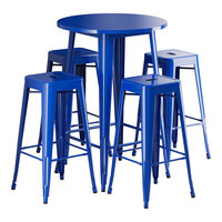 Lancaster Table & Seating Alloy Series 30" Round Blue Quartz Bar Height Outdoor Table with 4 Backless Barstools