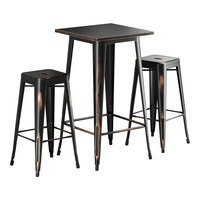 Lancaster Table & Seating Alloy Series 23 1/2" x 23 1/2" Distressed Copper Bar Height Outdoor Table with 2 Backless Barstools