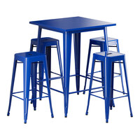 Lancaster Table & Seating Alloy Series 31 1/2" x 31 1/2" Blue Quartz Bar Height Outdoor Table with 4 Backless Barstools