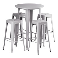 Lancaster Table & Seating Alloy Series 30" Round Nickel Gray Bar Height Outdoor Table with 4 Backless Barstools