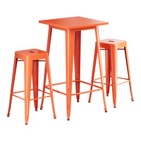 Lancaster Table & Seating Alloy Series 23 1/2" x 23 1/2" Amber Orange Bar Height Outdoor Table with 2 Backless Barstools