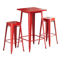 Lancaster Table & Seating Alloy Series 23 1/2" x 23 1/2" Ruby Red Bar Height Outdoor Table with 2 Backless Barstools