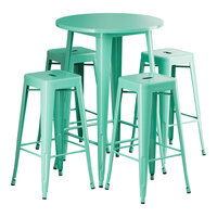 Lancaster Table & Seating Alloy Series 30" Round Aquamarine Bar Height Outdoor Table with 4 Backless Barstools