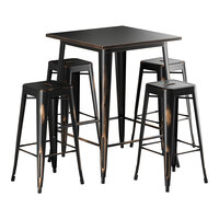 Lancaster Table & Seating Alloy Series 31 1/2" x 31 1/2" Distressed Copper Bar Height Outdoor Table with 4 Backless Barstools