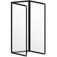 H. Risch, Inc. TET Deluxe Sewn 4 1/4" x 14" Black 6 View Foldout Vinyl Menu Cover With Gold Decorative Corners and Matte Finish