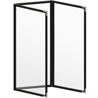 H. Risch, Inc. TET Deluxe Sewn 4 1/4" x 11" Black 6 View Foldout Vinyl Menu Cover With Silver Smooth Corners and Matte Finish
