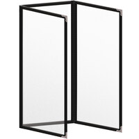 H. Risch, Inc. TET Deluxe Sewn 4 1/4" x 11" Black 6 View Foldout Vinyl Menu Cover With Silver Decorative Corners and Matte Finish