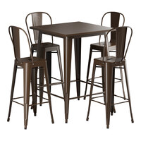 Lancaster Table & Seating Alloy Series 31 1/2" x 31 1/2" Copper Bar Height Outdoor Table with 4 Cafe Barstools