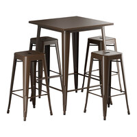 Lancaster Table & Seating Alloy Series 31 1/2" x 31 1/2" Copper Bar Height Outdoor Table with 4 Backless Barstools