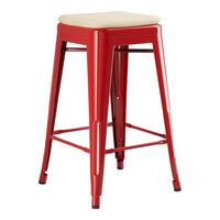 Lancaster Table & Seating Alloy Series Ruby Red Outdoor Backless Counter Height Stool with Tan Fabric Magnetic Cushion