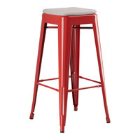 Lancaster Table & Seating Alloy Series Ruby Red Outdoor Backless Barstool with Gray Fabric Magnetic Cushion