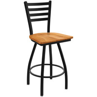 Holland Bar Stool XL 410 Jackie 30" Ladderback Swivel Bar Stool with Black Wrinkle Finish and Medium Maple Seat