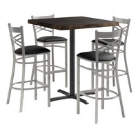 Lancaster Table & Seating 36" x 36" Butcher Block Bar Height Table with Espresso Finish and 4 Steel Cross Back Black Vinyl Chairs