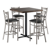 Lancaster Table & Seating 36" x 36" Butcher Block Bar Height Table with Espresso Finish and 4 Steel Cross Back Black Vinyl Chairs