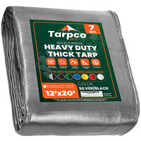 Tarpco Safety 12' x 20' Silver / Black Heavy-Duty Weatherproof 7 Mil Poly Tarp with Reinforced Edges