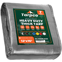 Tarpco Safety 12' x 16' Silver / Black Heavy-Duty Weatherproof 7 Mil Poly Tarp with Reinforced Edges