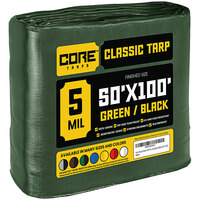 Core Tarps 50' x 100' Green / Black Classic Weatherproof 5 Mil Poly Tarp with Reinforced Edges