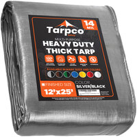 Tarpco Safety 12' x 25' Silver / Black Extra Heavy-Duty Weatherproof 14 Mil Poly Tarp with Reinforced Edges