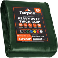Tarpco Safety 30' x 40' Green / Black Extra Heavy-Duty Weatherproof 14 Mil Poly Tarp with Reinforced Edges