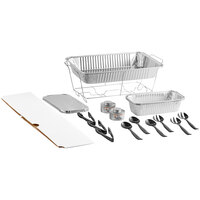 Choice 20 Piece Full Size Disposable Serving / Chafer Dish Kit with a Wire Stand, Deep Pan, (3) 1/3 Size Deep Pans, (3) 1/3 Size Lids, Wind Guard, (2) 4 Hour Wick Fuels, and (9) Utensils