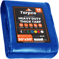 Tarpco Safety 30' x 50' Blue Extra Heavy-Duty Weatherproof 14 Mil Poly Tarp with Reinforced Edges