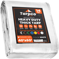 Tarpco Safety 40' x 60' White Extra Heavy-Duty Weatherproof 14 Mil Poly Tarp with Reinforced Edges