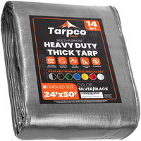 Tarpco Safety 24' x 50' Silver / Black Extra Heavy-Duty Weatherproof 14 Mil Poly Tarp with Reinforced Edges