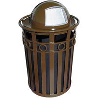 Witt Industries M3600-R-DT-BN Oakley 36 Gallon Brown Steel Round Outdoor Decorative Waste Receptacle with Push Door Dome Top Lid and Ring Accent Band