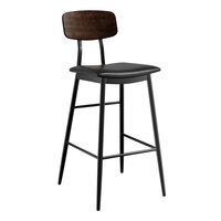 Lancaster Table & Seating Mid-Century Black Barstool with Black Vinyl Padded Seat and Espresso Wood Backrest - Assembled