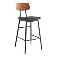 Lancaster Table & Seating Mid-Century Black Barstool with Black Vinyl Padded Seat and Vintage Wood Backrest - Assembled