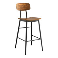 Lancaster Table & Seating Mid-Century Black Barstool with Vintage Wood Seat and Backrest - Assembled