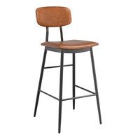 Lancaster Table & Seating Mid-Century Black Barstool with Cognac Vinyl Padded Seat and Backrest - Assembled