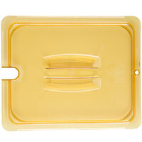 Carlisle 10431U13 StorPlus 1/2 Size Amber Universal High Heat Handled Lid with Spoon Notch