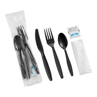 Choice Black Heavy Weight Wrapped Polystyrene Plastic Cutlery Pack with Napkin and Salt and Pepper Packets - 500/Case
