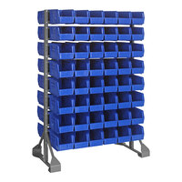 Quantum 36" x 20" x 53" Gray Steel Double-Sided Rail Rack with (96) 10 7/8" x 5 1/2" x 5" Blue Bins and (16) Rails QRU-16D-230-96BL