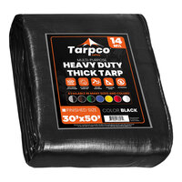 Tarpco Safety 30' x 50' Black Extra Heavy-Duty Weatherproof 14 Mil Poly Tarp with Reinforced Edges