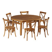 Lancaster Table & Seating Vineyard Series 5' Round Barrel Brown Outdoor Folding Table Set with 6 Cross Back Chairs