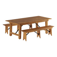 Lancaster Table & Seating Vineyard Series 7' Round Barrel Brown Outdoor Folding Table Set with Two 6' Folding Benches