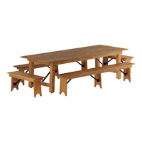 Lancaster Table & Seating Vineyard Series 9' Barrel Brown Outdoor Folding Table with Two 3' 4" and Two 8' Folding Benches