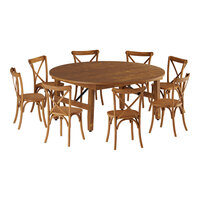 Lancaster Table & Seating Vineyard Series 6' Round Barrel Brown Outdoor Folding Table Set with 8 Cross Back Chairs