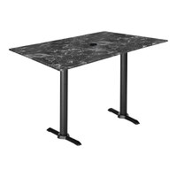 Holland Bar Stool EuroSlim 32" x 48" Black Faux Marble Indoor / Outdoor Bar Height Table with End Column Base and Umbrella Hole