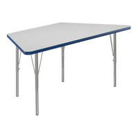 Correll 26" x 58" Trapezoid White 19"-29" Adjustable Height High-Pressure Dry Erase Board Top Activity Table with Silver Legs and Blue T-Mold