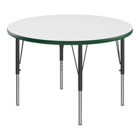 Correll Round White 19"-29" Adjustable Height High-Pressure Dry Erase Board Top Activity Table with Black Legs and Green T-Mold