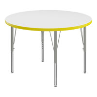 Correll Round White 19"-29" Adjustable Height High-Pressure Dry Erase Board Top Activity Table with Silver Legs and Yellow T-Mold