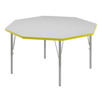 Correll 48" Octagon White 19"-29" Adjustable Height High-Pressure Dry Erase Board Top Activity Table with Silver Legs and Yellow T-Mold